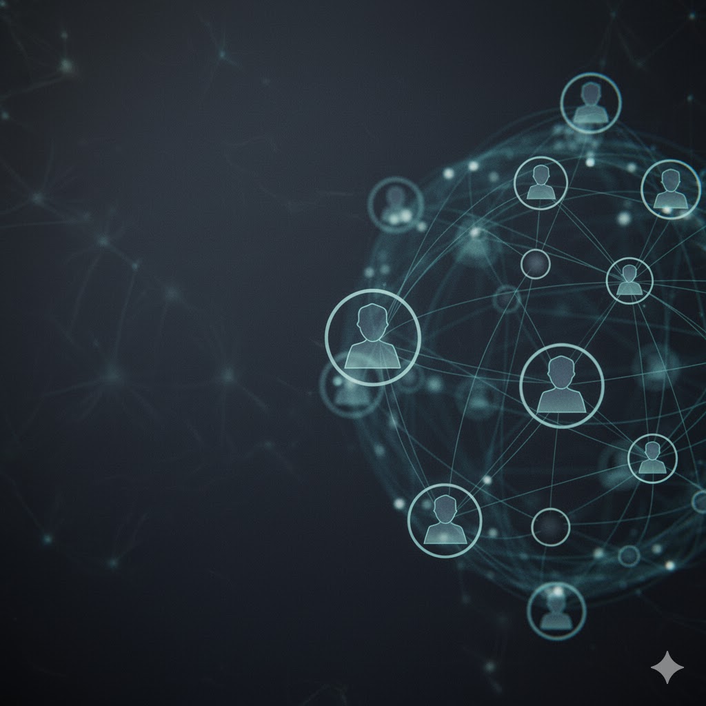Digital network sphere with interconnected user icons representing social connections or communication.